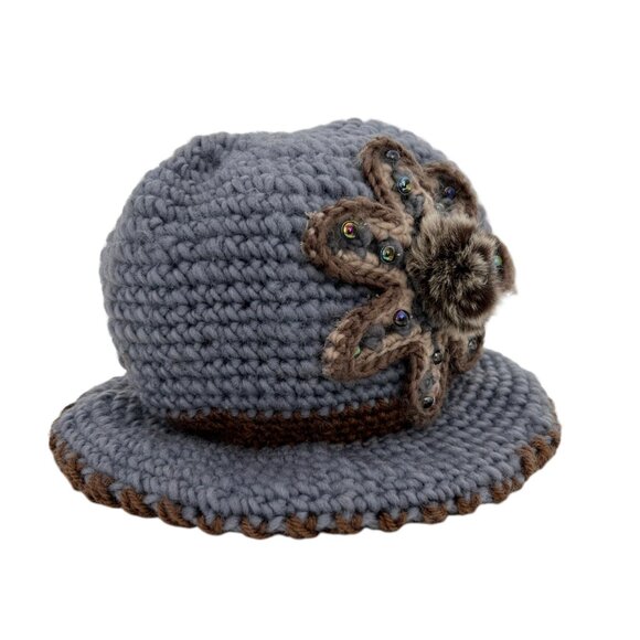 Vintage Inspired Cloche Crochet Knit Faux Fur Flower Beanie Bucket Hat - Picture 5 of 15